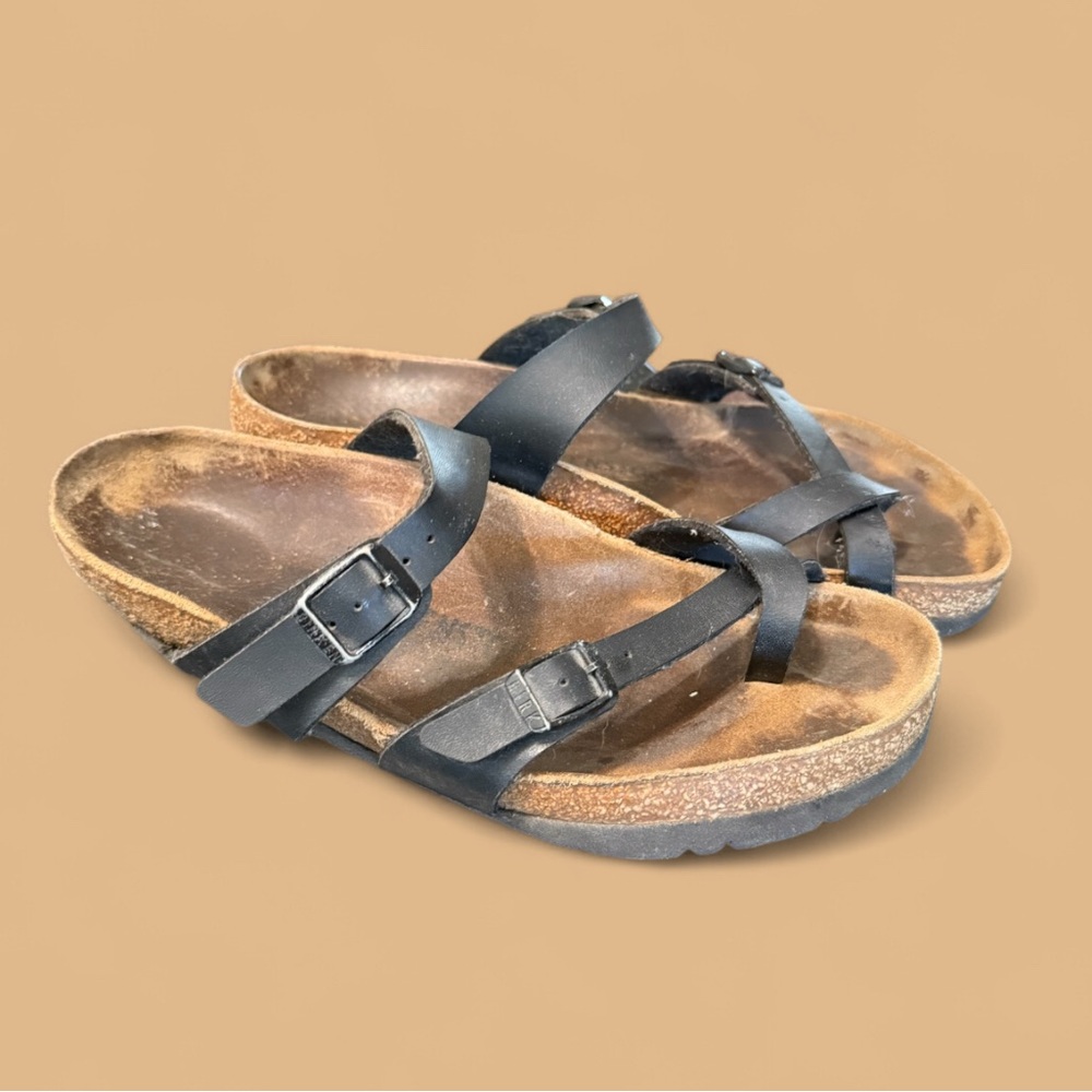Birkenstock Black Leather Strappy Cork Footbed Sandals